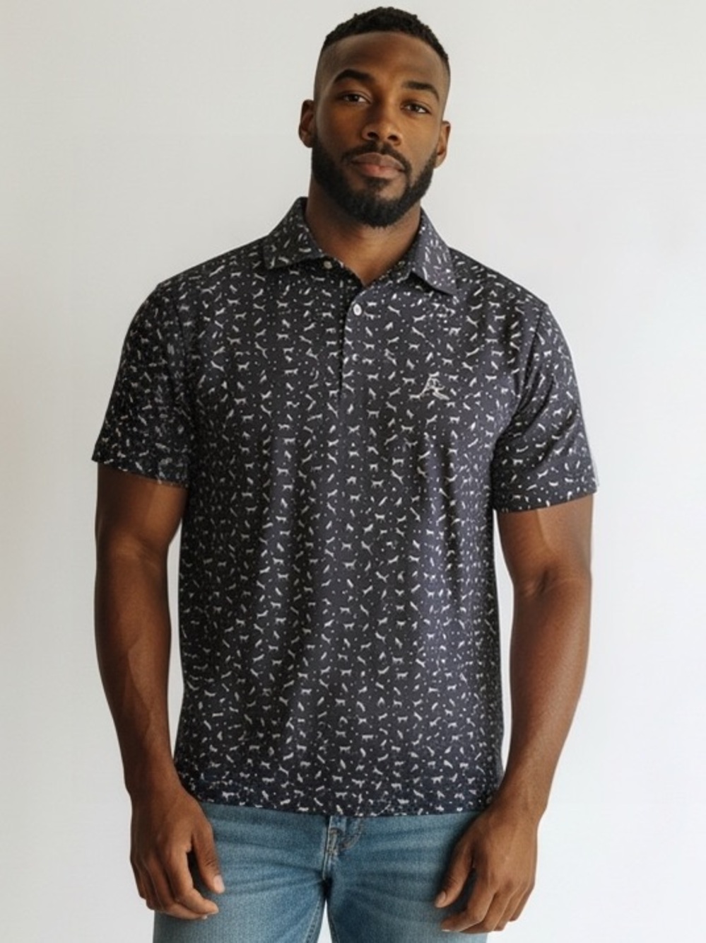 Rhoback Navy Short-Sleeve Printed Polo with Dogs, Size Large, EUC